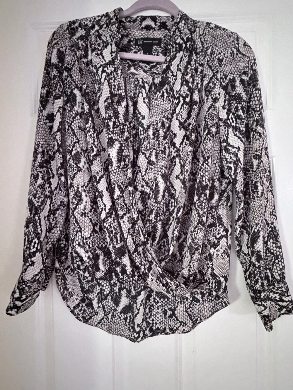 INC International Concepts Black & White Snake-Print Faux Wrap Blouse - Small